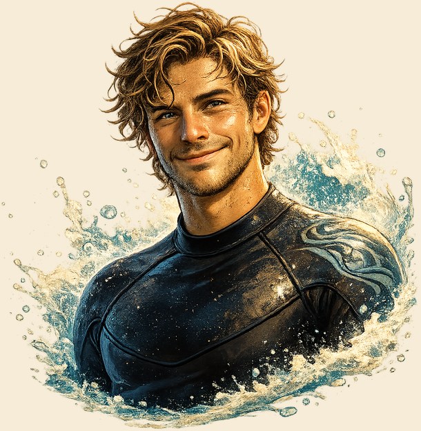 Sandy Surfsalot — a smiling surfer in a wetsuit rising out of a splashing wave